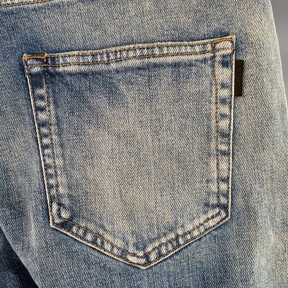 SAINT LAURENT Size 30 Blue Distressed Cotton Blend Twill Slim Tapered Jeans - Picture 3 of 7